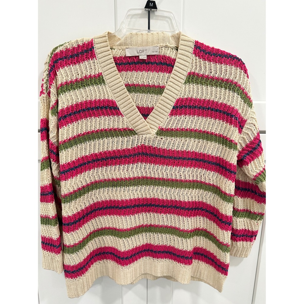 LOFT Striped V-Neck Sweater Pink Green Cream‎ Open Knit Pullover SP